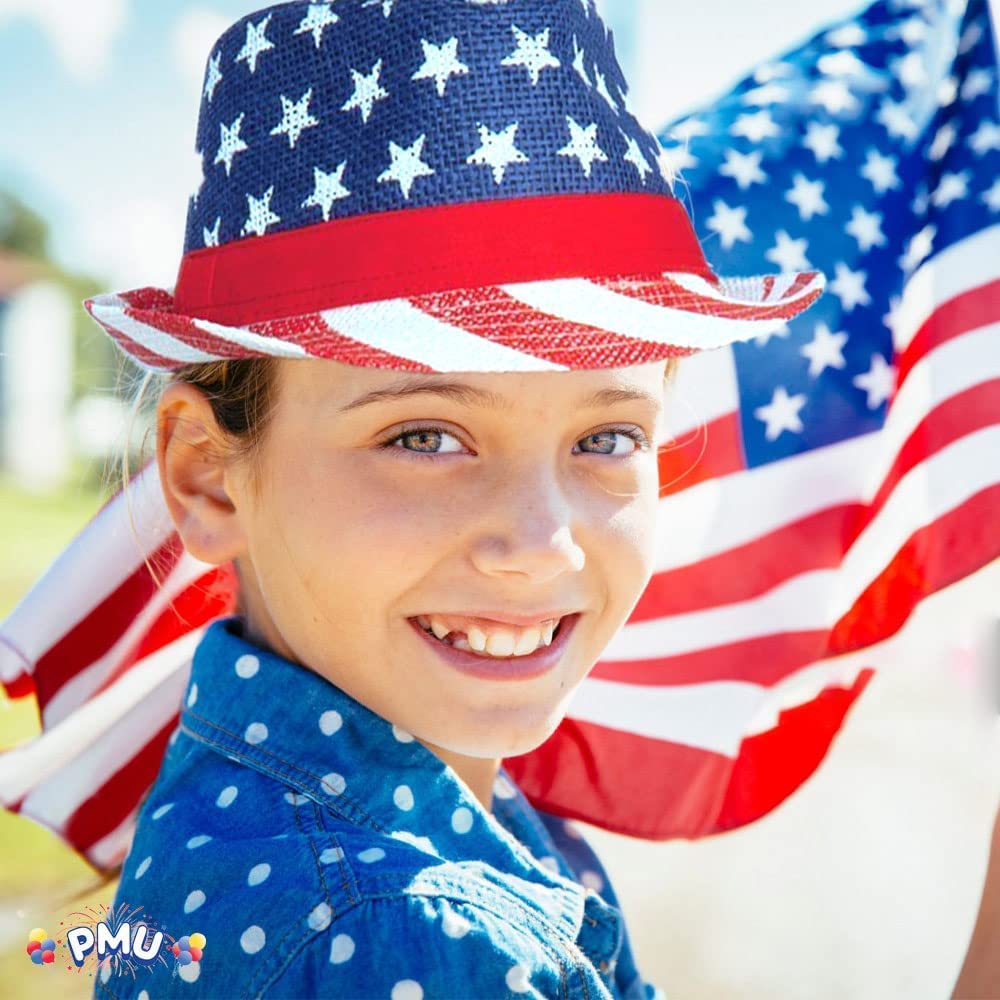 PMU Patriotic Burlap Fedora US Flag Pattern Red, White and Blue Stars and Stripes Themed 4th of July Summer Straw Hat Unisex Adult Costume Accessory