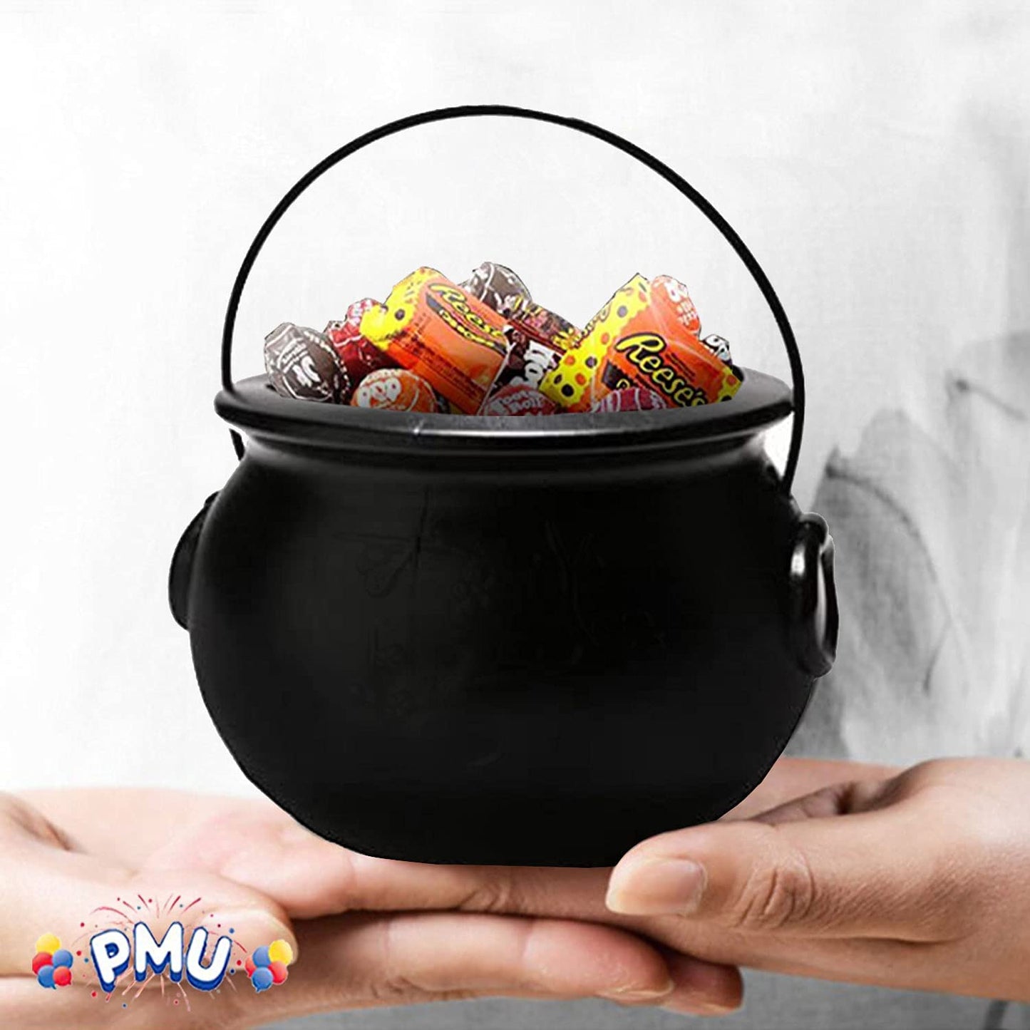 PMU Halloween Cauldron - Multi-Pack Assortment Plastic Candy Holder for Kids - Halloween Party Favors & Supplies - Black Set