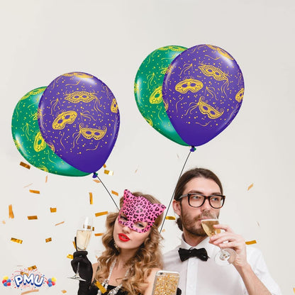 PMU Mardi Gras Balloons 11 Inch Assorted Green and Purple Latex with All-Over Print Gold Masks and Confetti