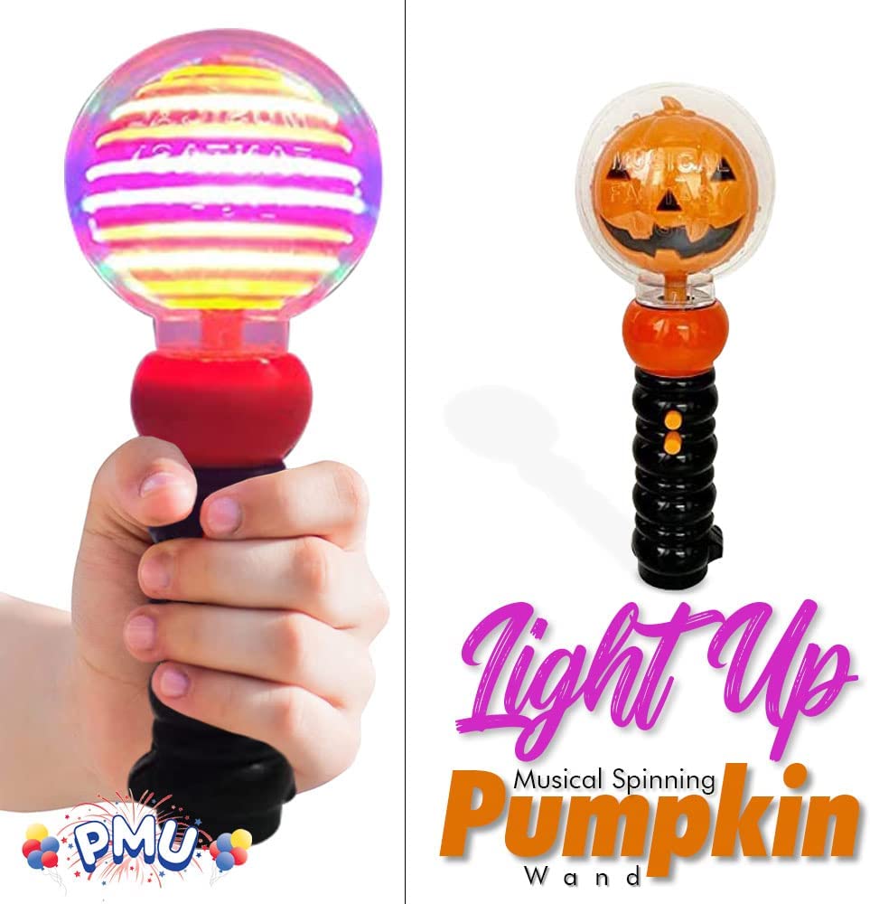 PMU Halloween Light-Up Musical Spinning Pumpkin Wand - LED Illuminated Prop for Kids Trick-or-Treating - Fun Gift for Birthday Party Favor & Classroom Prizes, 9 inch