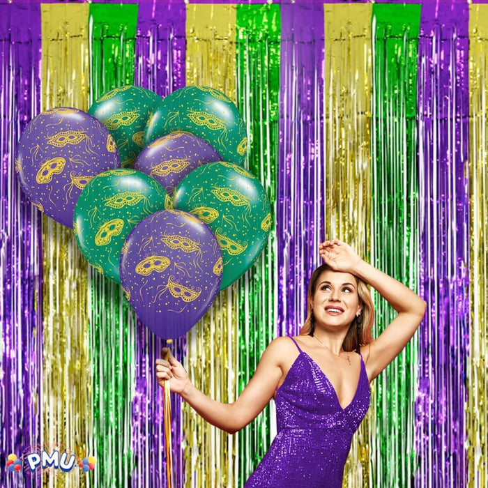 PMU Mardi Gras Balloons 11 Inch Assorted Green and Purple Latex with All-Over Print Gold Masks and Confetti