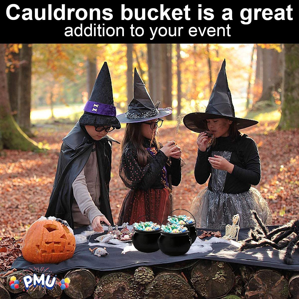 PMU Halloween Cauldron - Multi-Pack Assortment Plastic Candy Holder for Kids - Halloween Party Favors & Supplies - Black Set