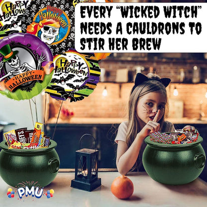 PMU Halloween 12 inch Cauldron Plastic Pot & Bucket - Halloween Party Favors- Candy Holder for Kids, Witches Green
