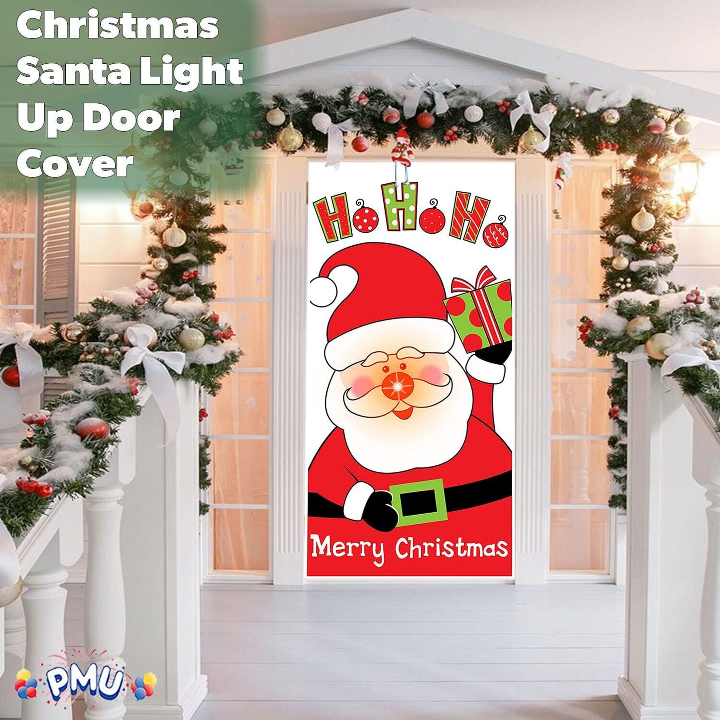 PMU Christmas Light Up Door Cover 30 Inch x 60 Inch and Flashlight Projector for Kids