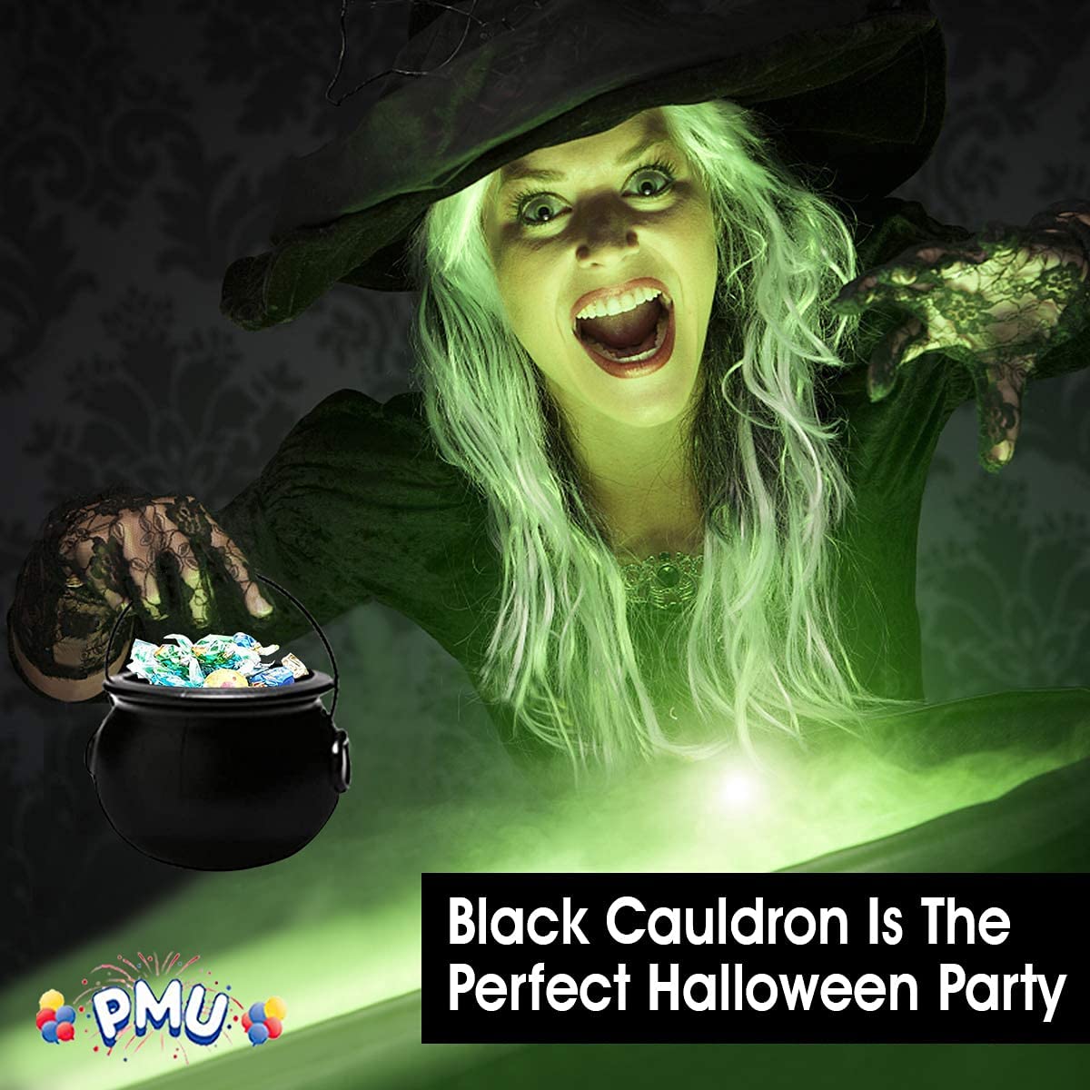 PMU Halloween Cauldron - Multi-Pack Assortment Plastic Candy Holder for Kids - Halloween Party Favors & Supplies - Black Set