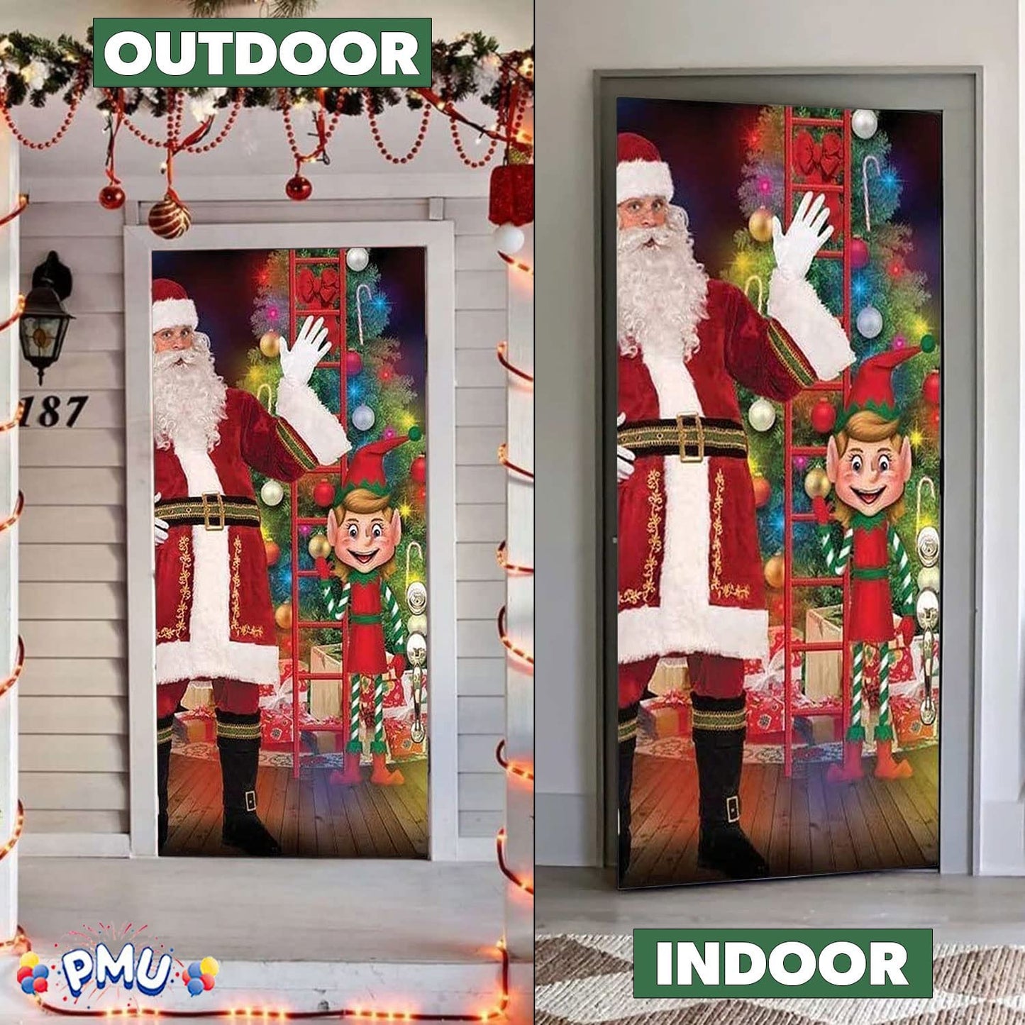 PMU Christmas Light Up Door Cover 30 Inch x 60 Inch and Flashlight Projector for Kids