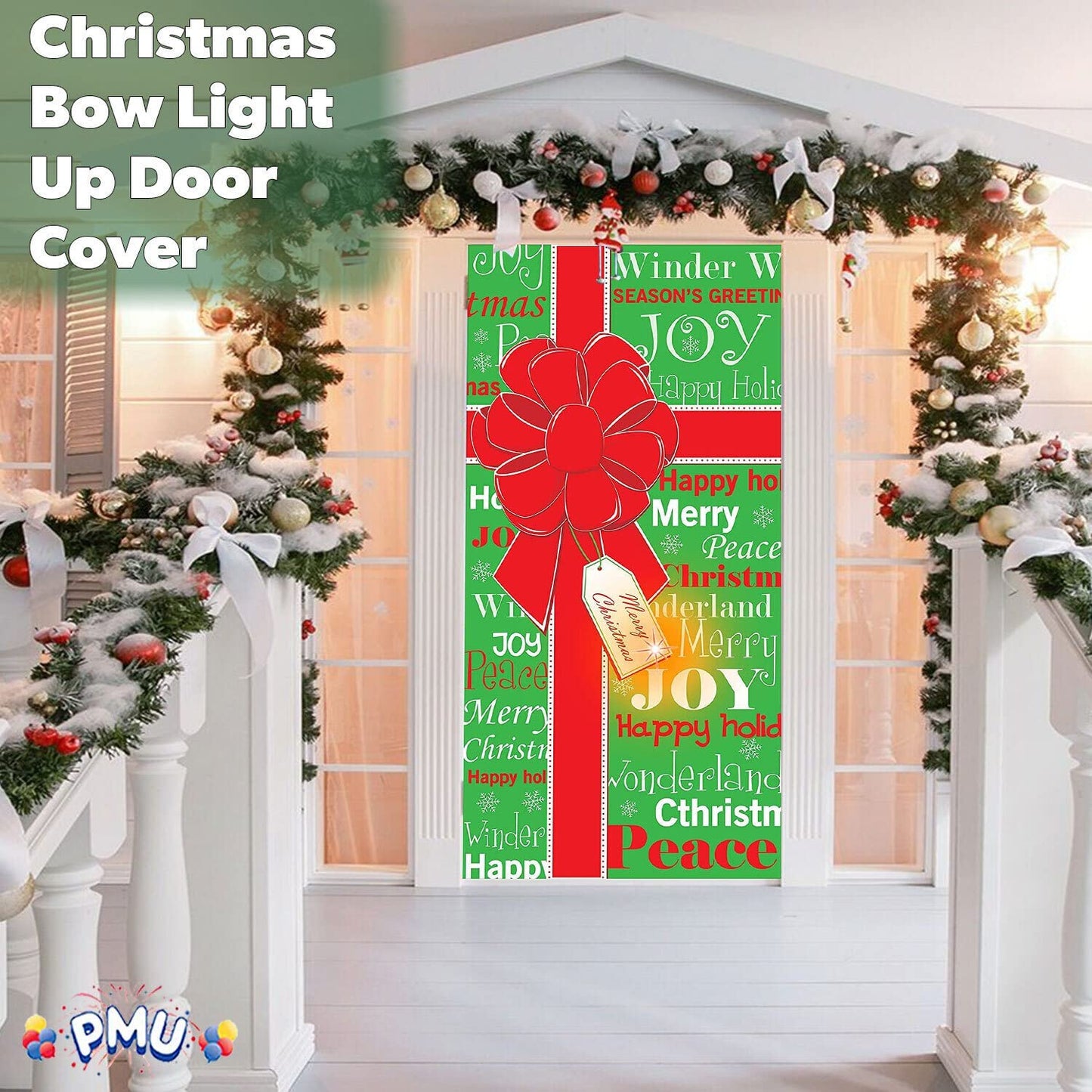 PMU Christmas Light Up Door Cover 30 Inch x 60 Inch and Flashlight Projector for Kids