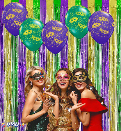 PMU Mardi Gras Balloons 11 Inch Assorted Green and Purple Latex with All-Over Print Gold Masks and Confetti