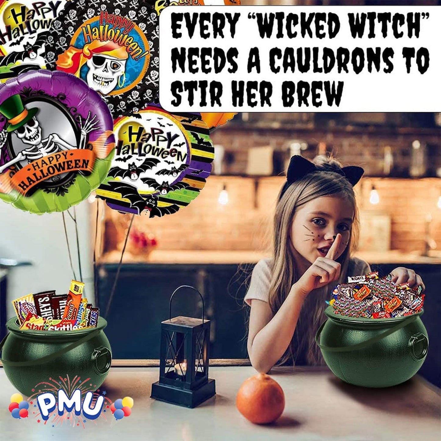 PMU Halloween 8 inch Cauldron Plastic Bucket - Halloween Party Favors - Candy Holder for Kids, Witches Green