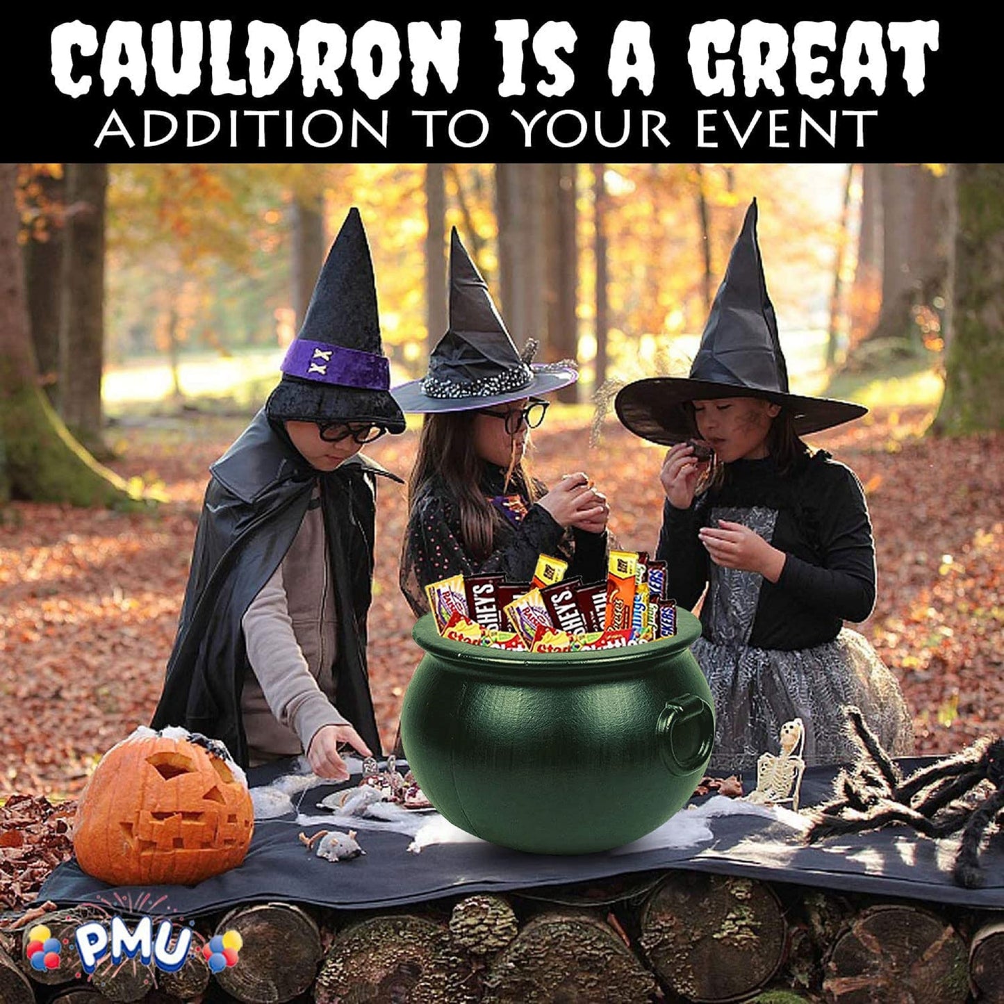 PMU Halloween Cauldron - Cauldron Plastic Pot & Bucket - Halloween Party Favors & Supplies - Perfect Kitchen & Home Décor - Candy Holder for Kids, 16 inch Witches Green