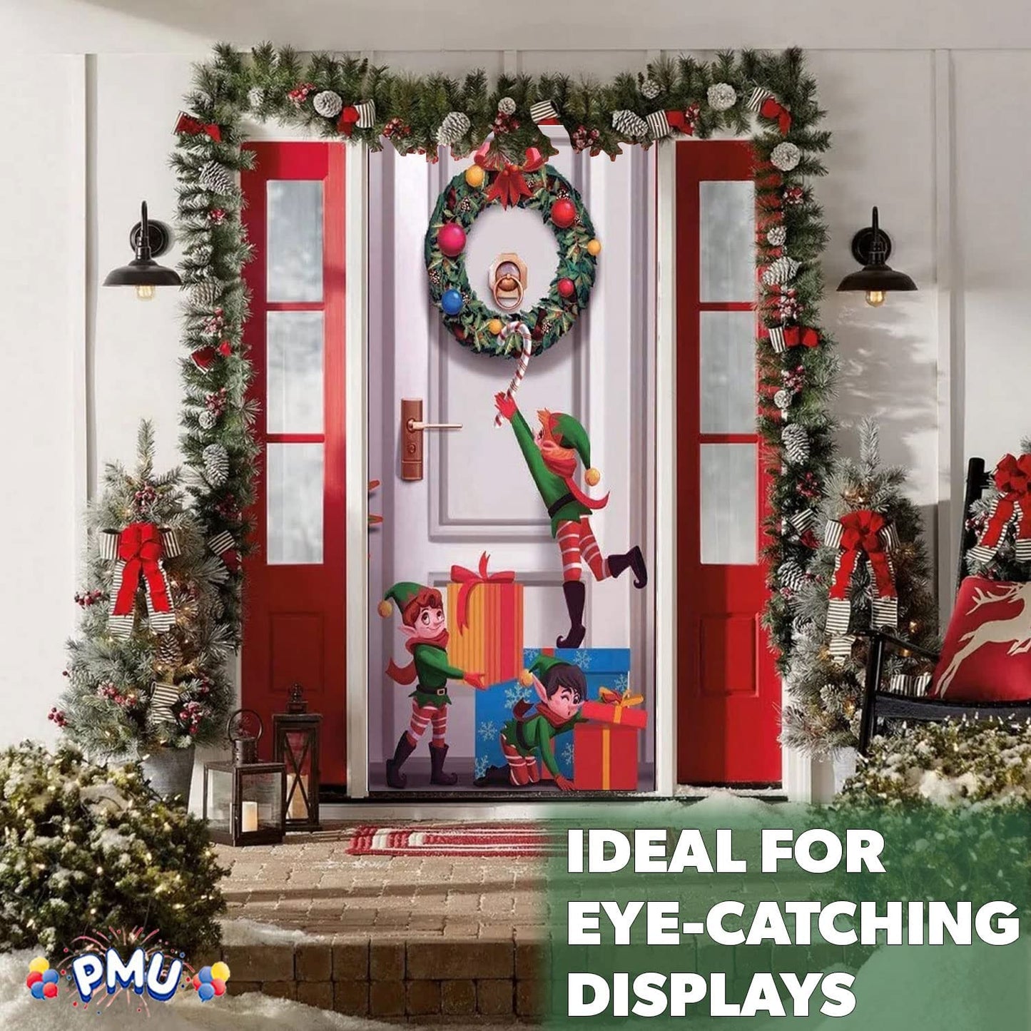 PMU Christmas Light Up Door Cover 30 Inch x 60 Inch and Flashlight Projector for Kids