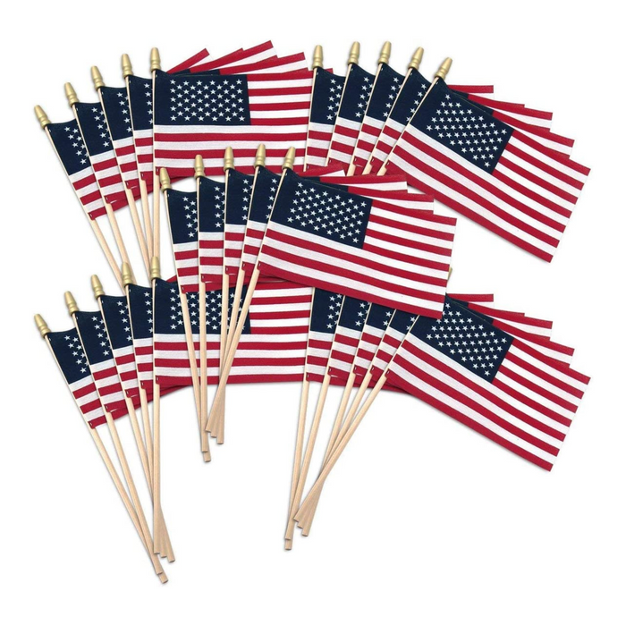 PMU Patriotic USA Stick Flag 4" x 6" with Spear Tip American Rayon Flag Red, White and Blue Stars and Stripes Made in USA (12/Pkg)