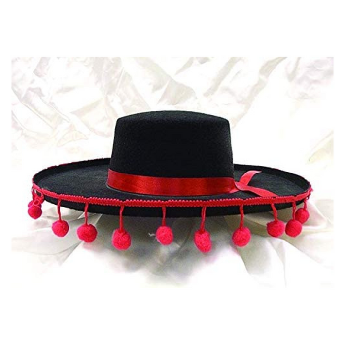 PMU Black Felt Spanish Hat w/ Red Pom Poms