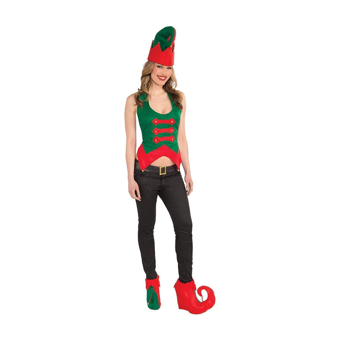 PMU Christmas Elf Hat and Shoe Cover Set Red and Green Costume