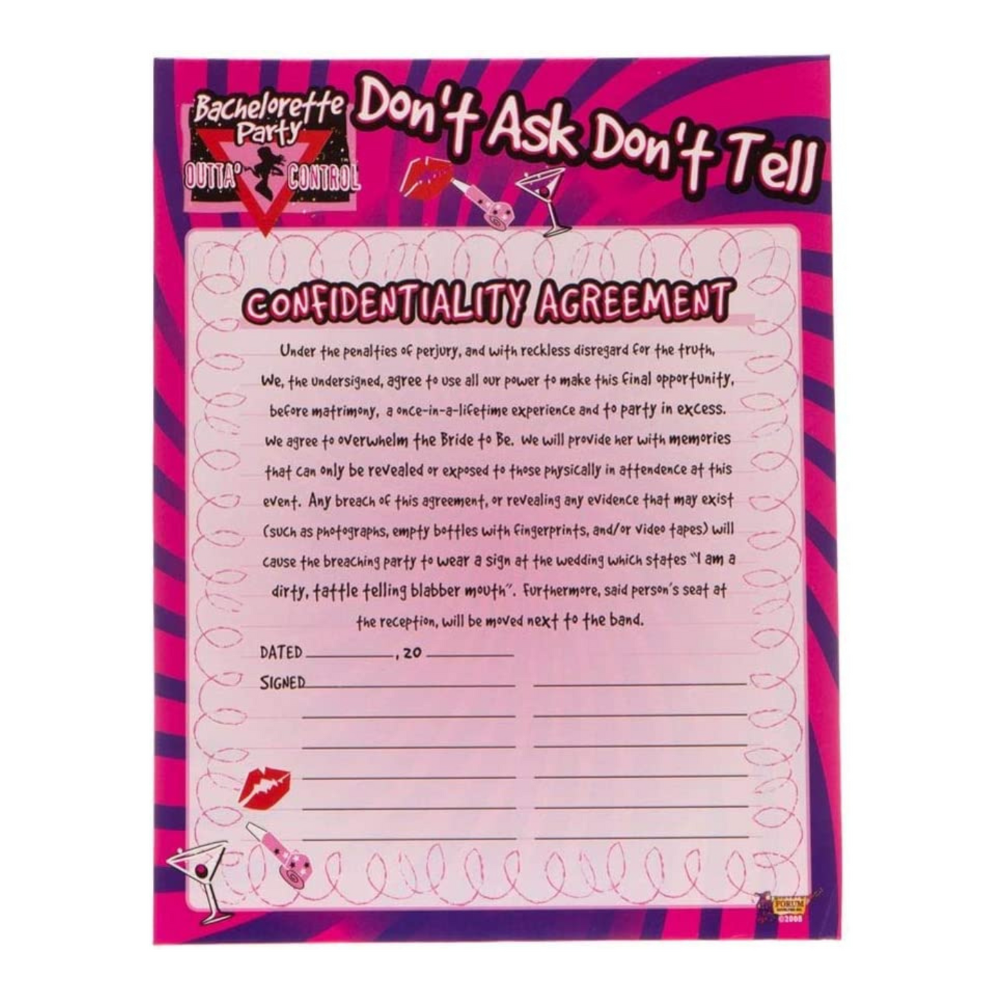 PMU Bachelorette Confidentiality Agreement Party Accessory Forum Novelties (1/Pkg)