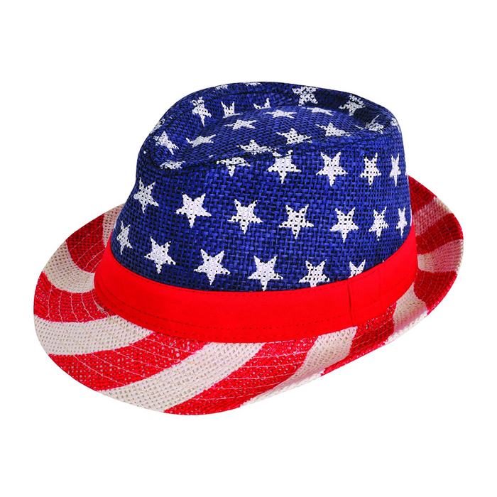 PMU Patriotic Burlap Fedora US Flag Pattern Red, White and Blue Stars and Stripes Themed 4th of July Summer Straw Hat Unisex Adult Costume Accessory