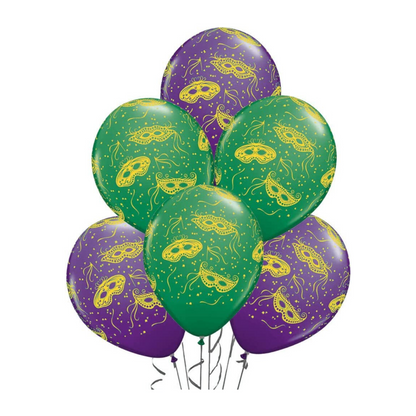 PMU Mardi Gras Balloons 11 Inch Assorted Green and Purple Latex with All-Over Print Gold Masks and Confetti