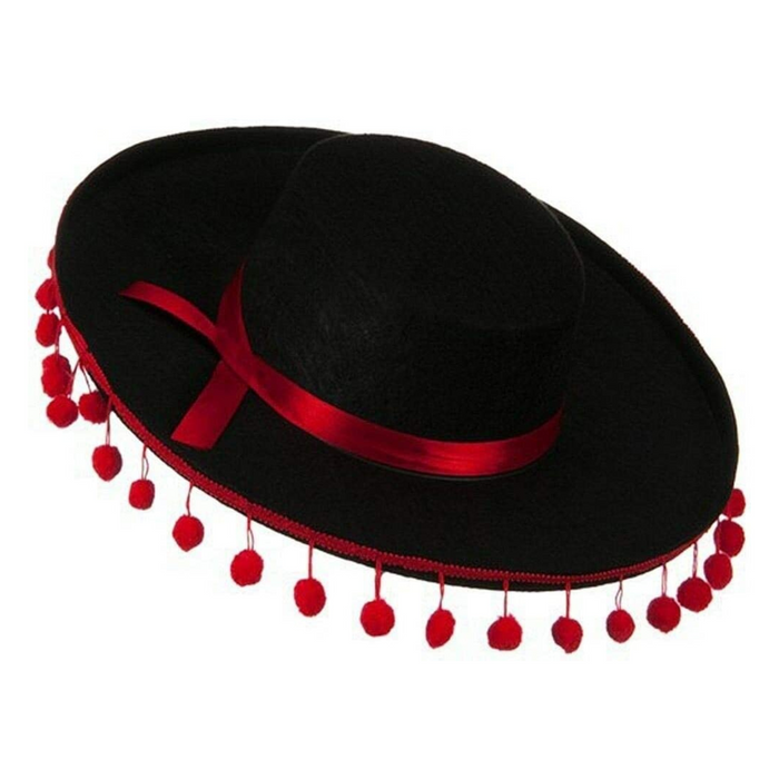 PMU Black Felt Spanish Hat w/ Red Pom Poms