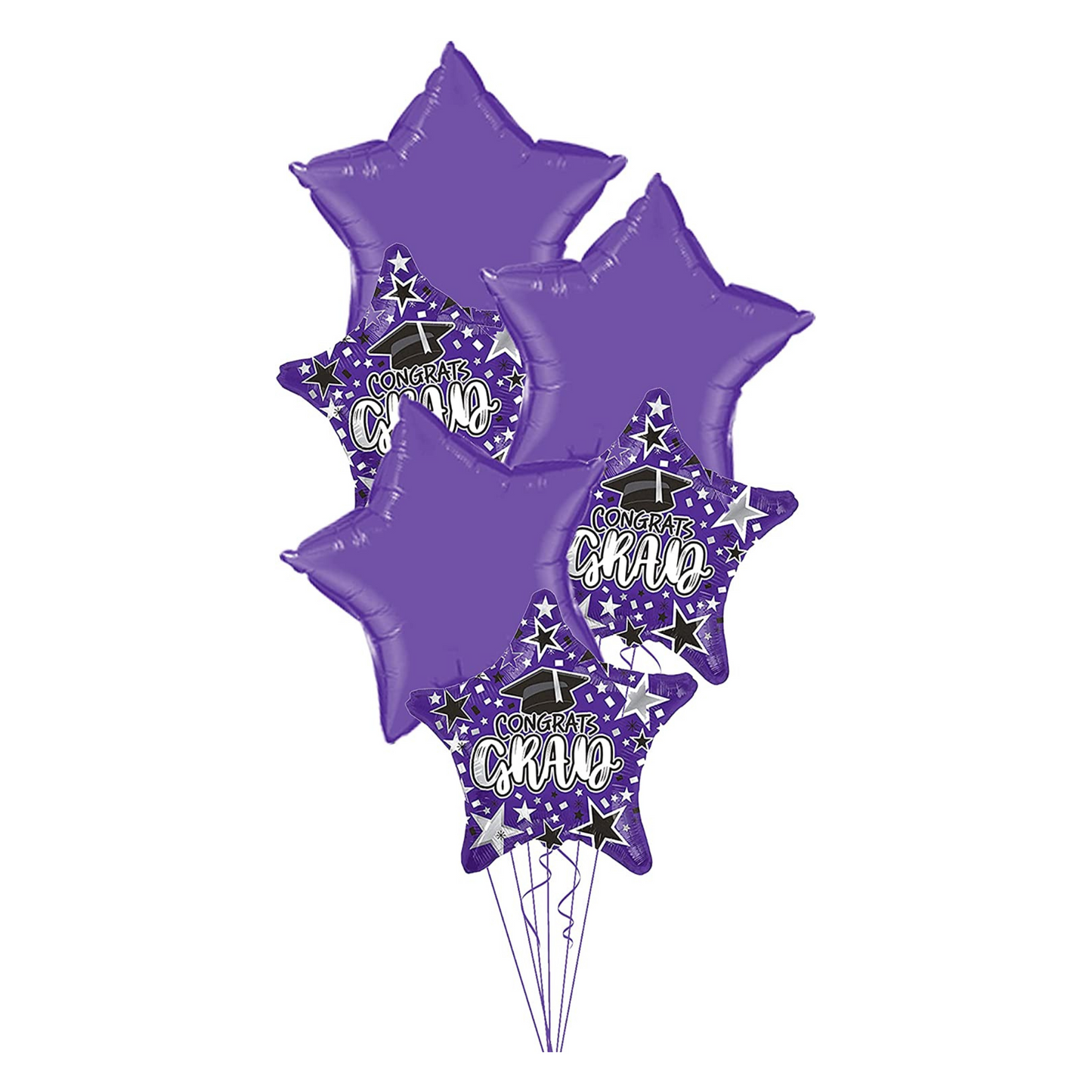 PMU Graduation Bouquet with (3) 18 Inch Congrats Grad Star & (3) 22 Inch Solid Star Shape Mylar Balloons Pkg/6