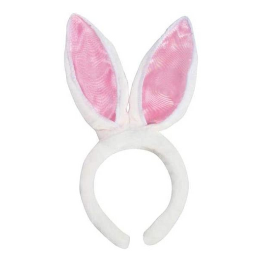 PMU Plush Soft-Touch Satin Bunny Ears Headband White and Pink Costume Accessory