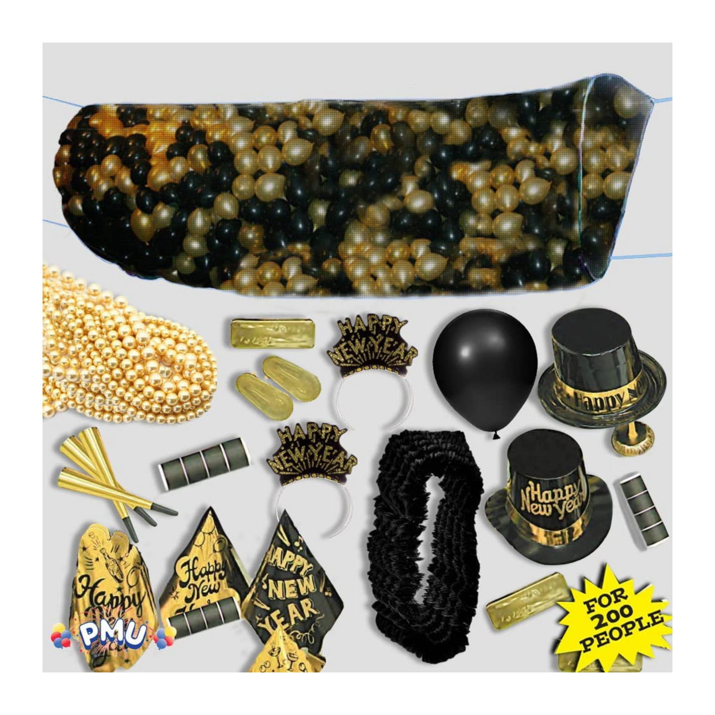 PMU Balloon Drop EZ-500 Professional & New Years Big Bonanza “Includes” New Years Party Supplies for (200) Guests and (1) Drop EZ- (500) " Reusable" Balloon Release System