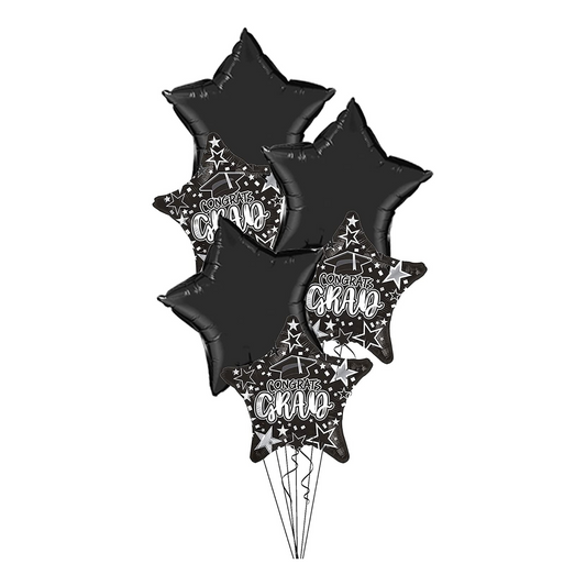 PMU Graduation Bouquet with (3) 18 Inch Congrats Grad Star & (3) 22 Inch Solid Star Shape Mylar Balloons Pkg/6